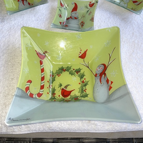 Susan Winget Square 5 set Glass Bowl JOY Candy Cane Snowman Cardinal Candy Salad - Picture 2 of 9